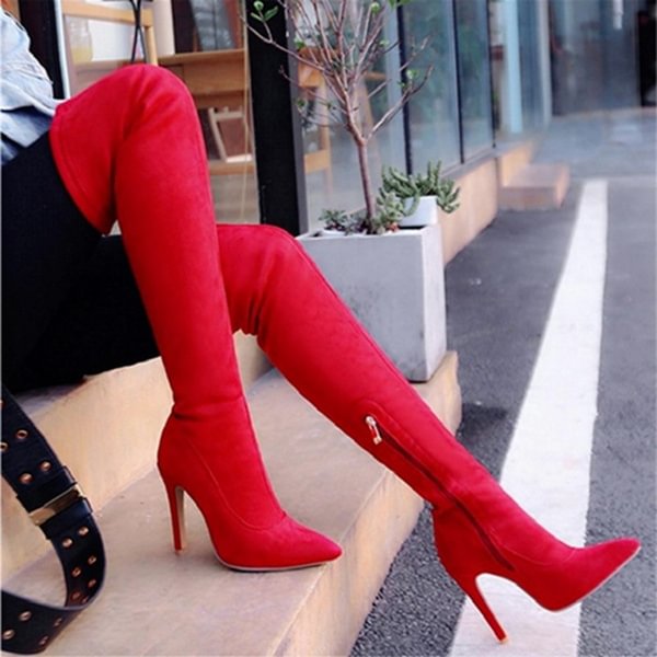 Women Stretch Faux Suede Slim Thigh High Boots Sexy Fashion Over The Knee Boots High Heels Woman Shoes - Shop Trendy Women's Clothing | LoverChic