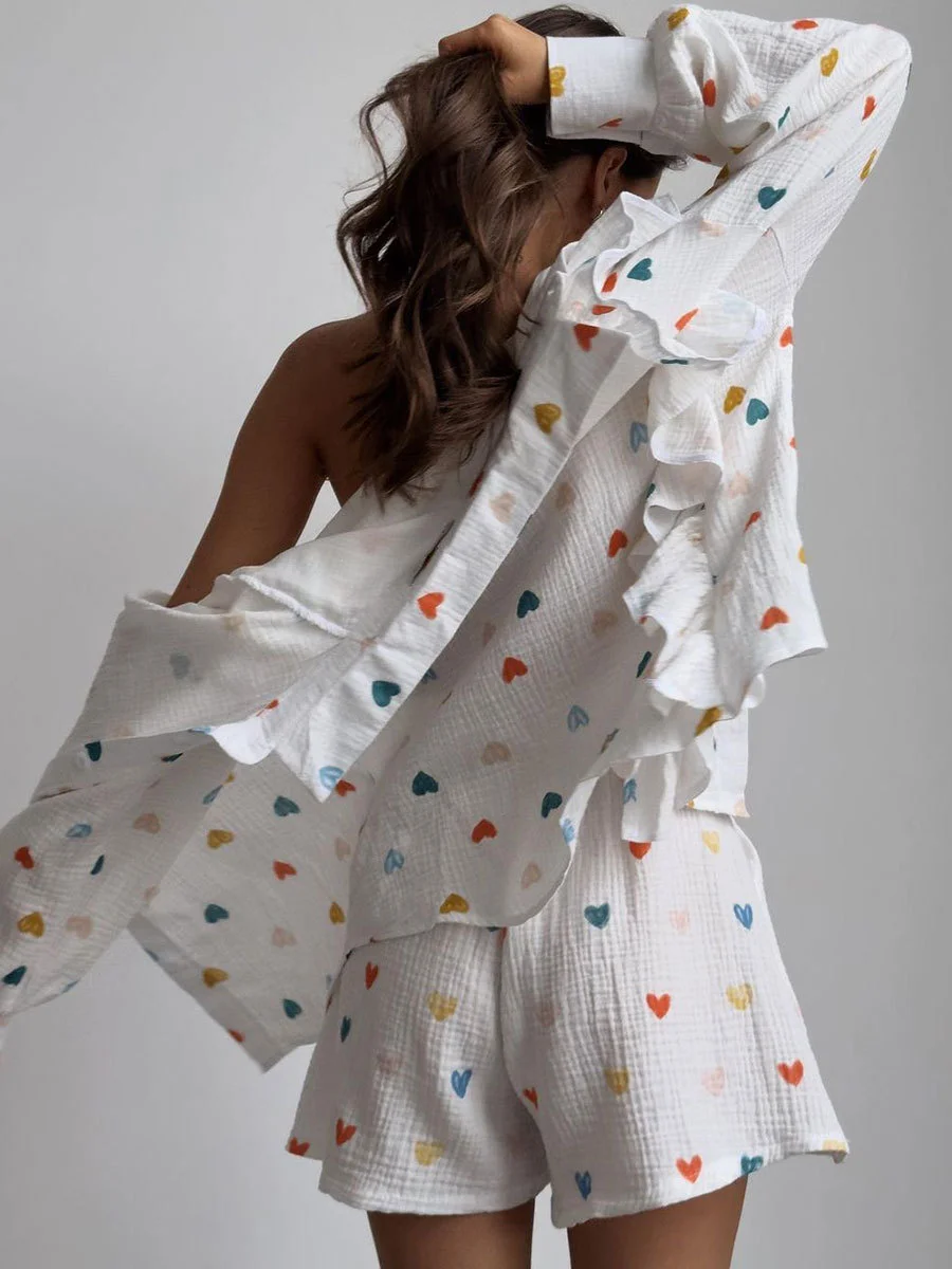 Churchf Churchf Set Heart-Shaped Print Stitching Wood Ear Long Sleeve Shirt Shorts Set Pure Cotton Set