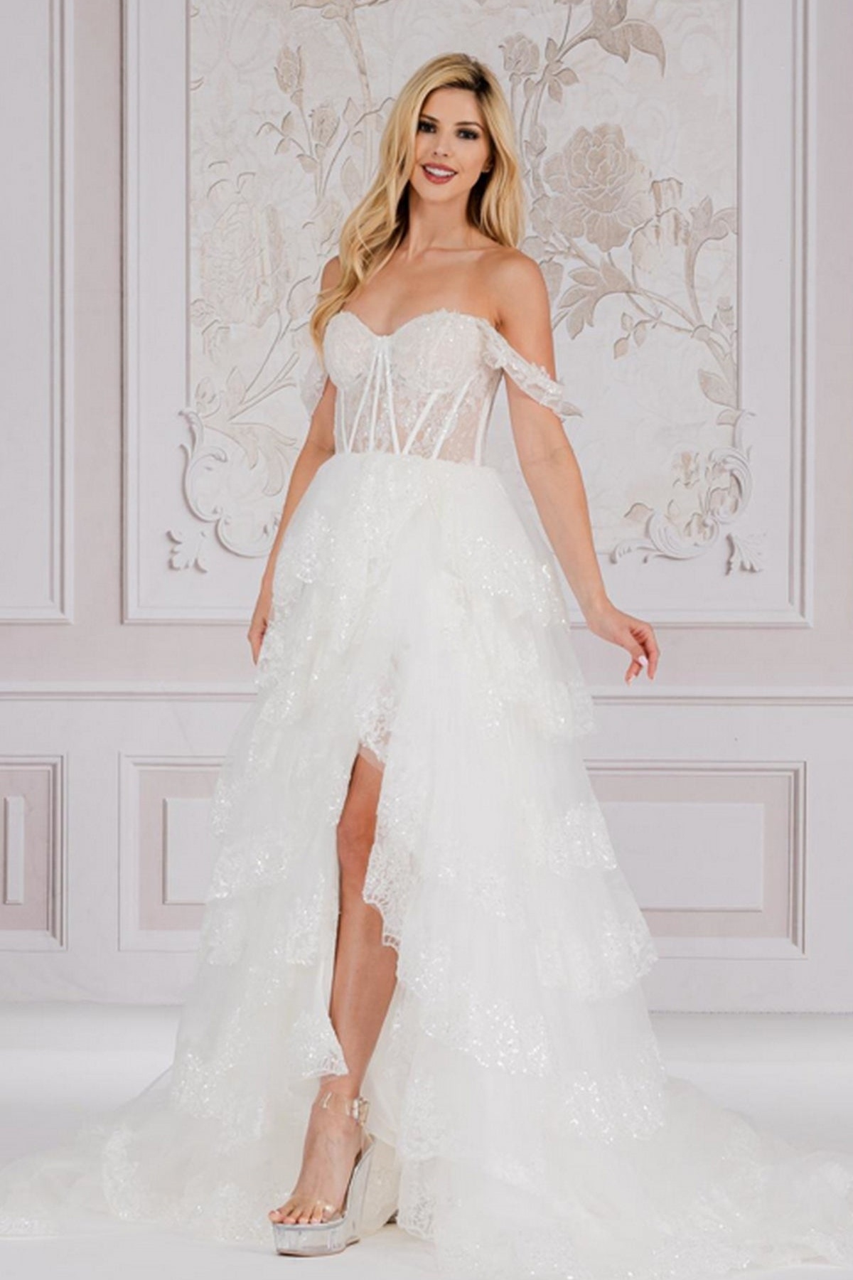 Ovlias Refined White Off-the-shoulder Layered Split Sequins Prom Dress LY0644