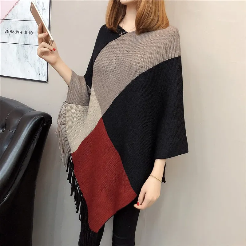Zoki Women Sweater Poncho Autumn Tassel Fashion Batwing Long Sleeve Winter Striped Knitted Jumper Casual Plus Size Capes 2021
