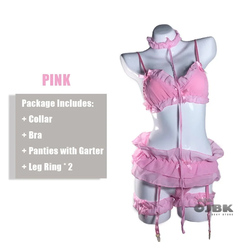 Sexy Pink Lingerie Set Cute Ruffles Costumes Lolita Women Erotic Lace Ladies Kawaii Soft Girl Pajamas Cosplay Outfit Underwear