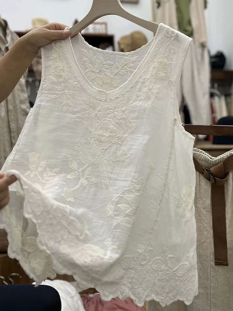 Women's  Vintage Lace Sleeveless Cotton and Linen Vest Top socialshop