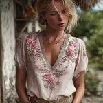 Bohemian Retro Pink Floral Pattern Women's Short-sleeve Top - Image 2