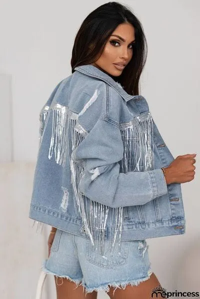 Sequin Fringe Trim Distressed Button Up Denim Jacket