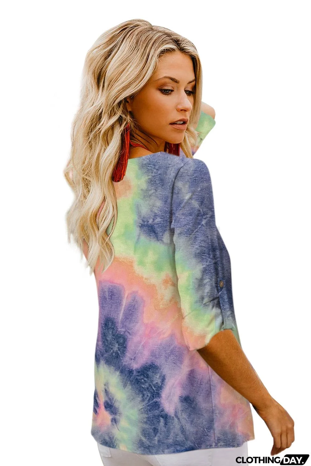 V-neck Long Sleeve Tie-dye Blouse With Buttons Closure