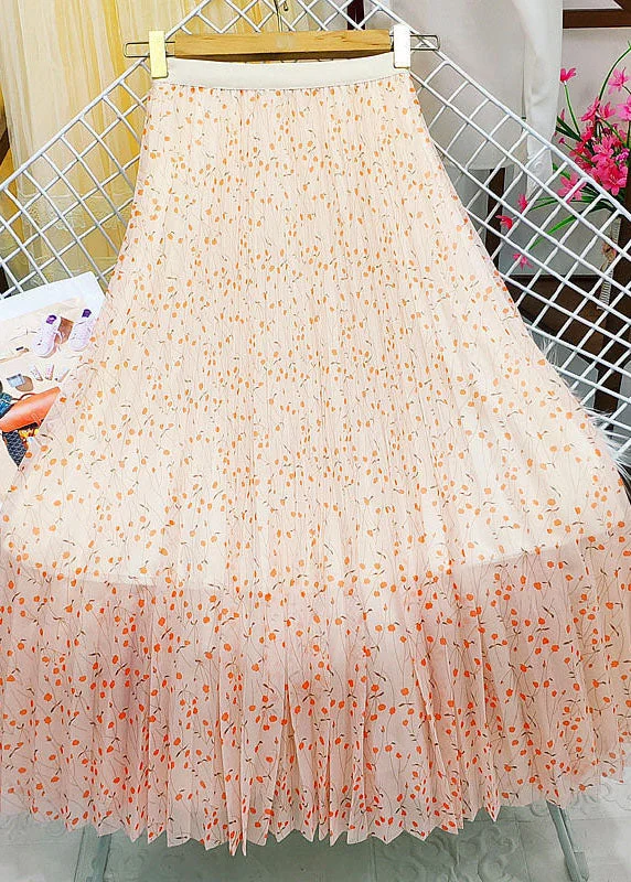 French Orange Elastic Waist Print Tulle Pleated Skirt Summer