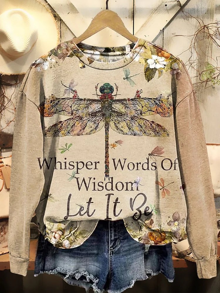 Women's Whisper Words Of Wisdom Let It Be Dragonfly Print Casual Crew Neck Sweatshirt