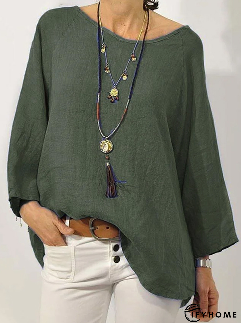 Women Solid Long Sleeve Linen Daily Casual Top | IFYHOME