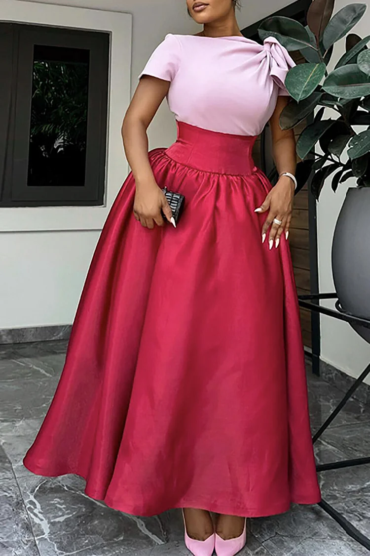 Ruched Short Sleeve Cinch Waist Colorblock Maxi Dresses-Red
