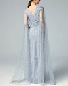 Sequined Silver Dots Plunging Powder Blue Tulle Evening Dress