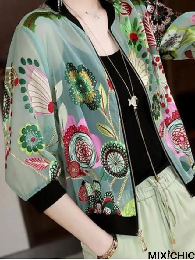 Women's Jacket Bomber Jacket Varsity Jacket Street Daily Going out Spring Summer Regular Coat V Neck Regular Fit Breathable Streetwear Casual Jacket 3/4 Length Sleeve Floral Patchwork Print Green