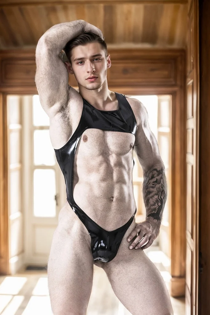 Men's Black Latex Bodysuits Male Thong Chest Harness Sexy Plunging Bodysuits