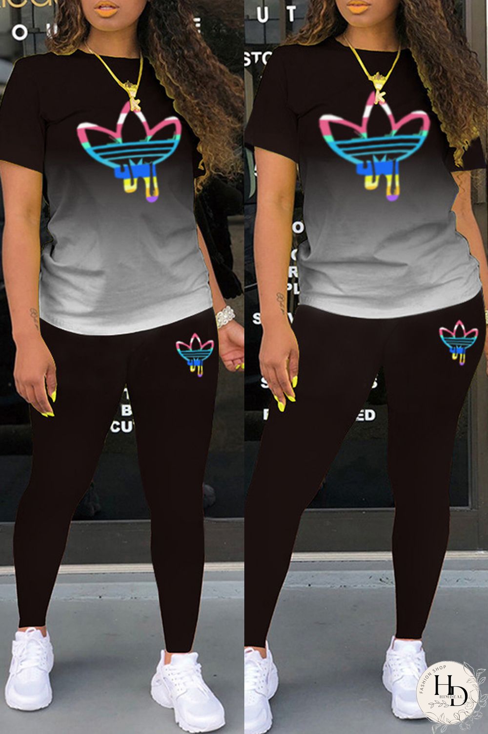 Black Casual Gradual Change Print Basic O Neck Short Sleeve Two Pieces