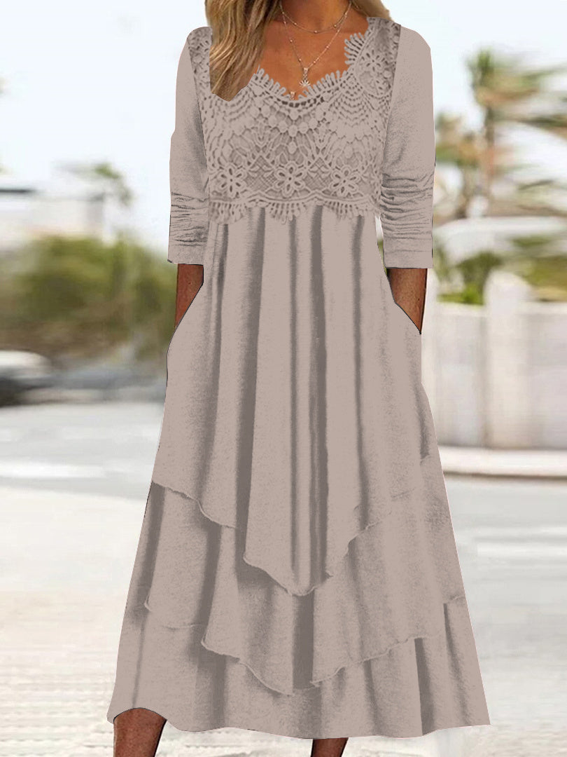 Women Half Sleeve V-neck Solid Color Dress