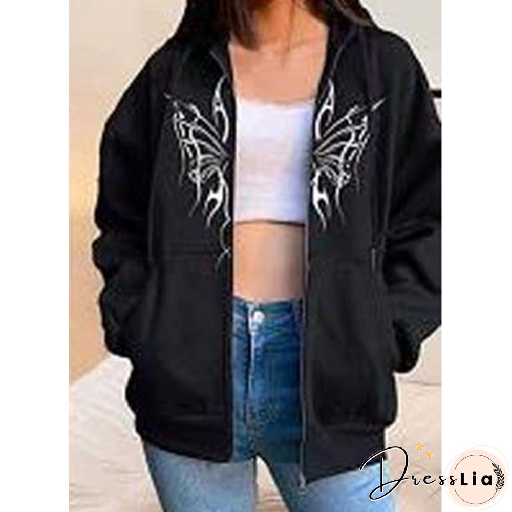 Butterfly Jacket For Women Fairy Grunge Long Sleeve Coat Y2k Ladies Hooded Tops With Pockets E Girl Clothes