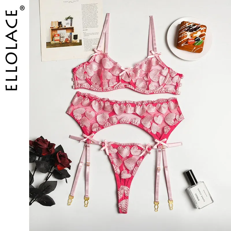 Ellolace Lingerie Sexy Love Embroidery 3-Pieces Push Up Delicate Underwear Fancy Seamless Luxury Bra Sensual Brief Sets