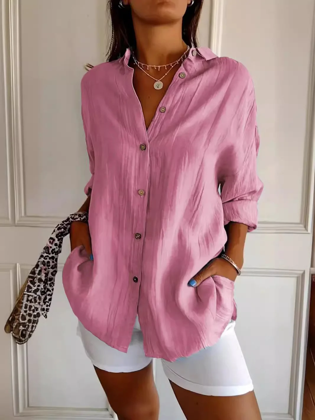 Nigikala Nigikala New Single-Dran Buckle Folding Collar Shirt Burst Lady Solid Color Can Sleeve Top