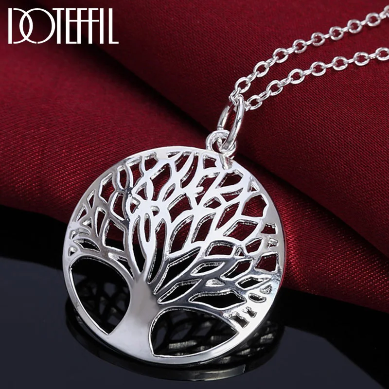 DOTEFFIL 925 Sterling Silver 18 Inch Hollow Tree Round Pendant Necklace For Women Jewelry