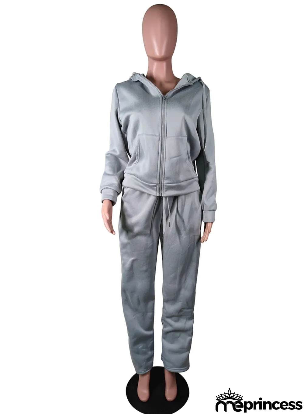 Winter Grey Blank Hoody Two Piece Pants Set Tracksuit