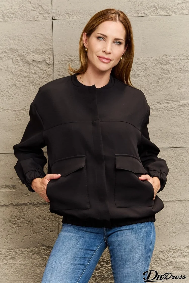 Round Neck Dropped Shoulder Jacket with Pockets