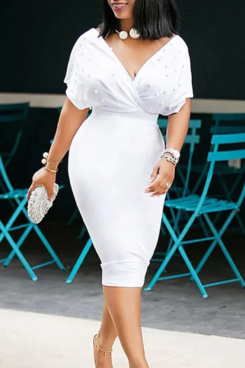 [Pre-Sale] Plus Size Elegant Beaded Short Sleeve Midi Dress