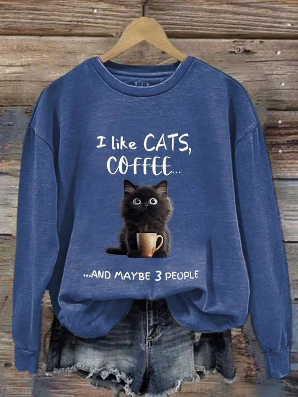 Women's I Like Cats And Coffee Print Casual Sweatshirt