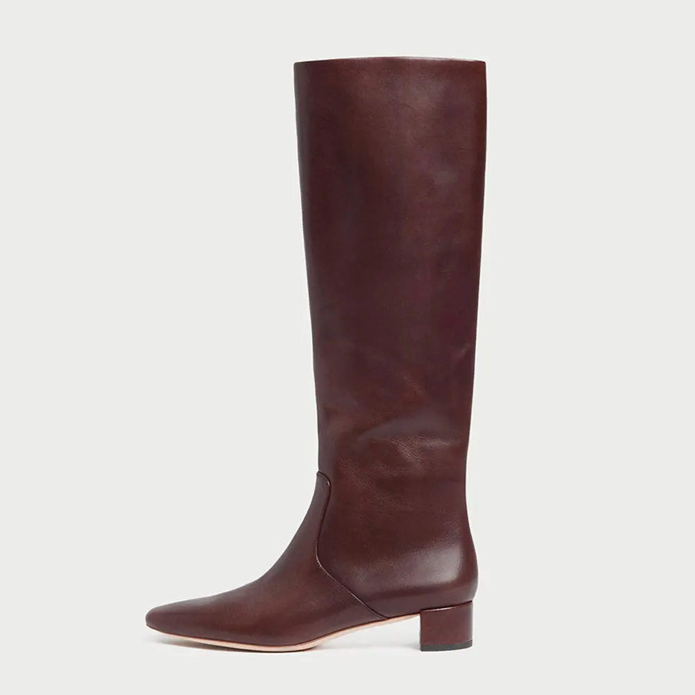 Women's Closed Square Toe Pull On Knee High Heeled Boots in Maroon