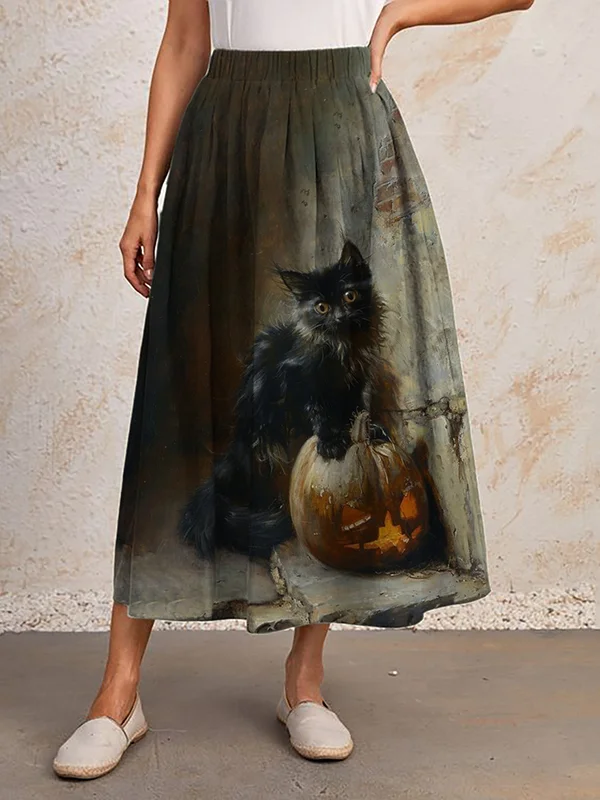 Women's Halloween Pumpkin Cat Art Print Skirt​