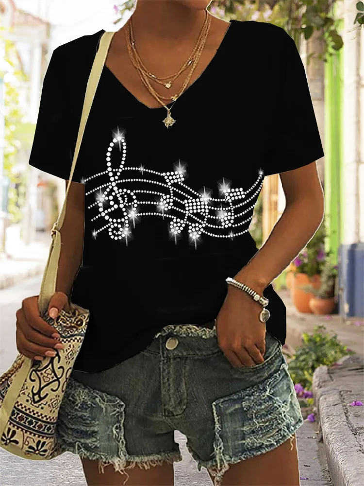 Glitter Music Notes V Neck Short Sleeve T Shirt