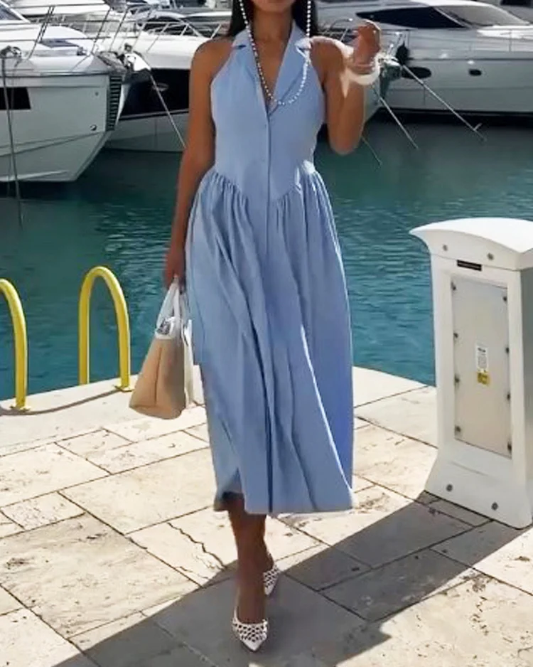 Lapel waist solid color dress