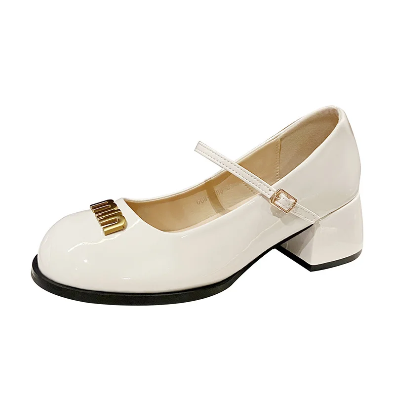 Churchf Churchf Jane Shoes Round Head Shallow Mouth High Heels Retro Casual Small Leather Shoes Thick Heel Single Shoes Women