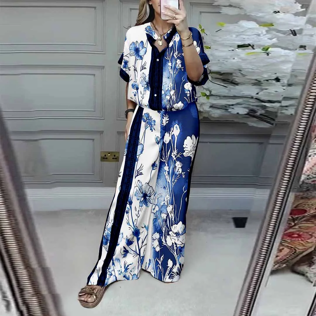 Women Floral,Blue,White DZDL1102 V-neck Short Sleeve Blouse and Pants Set