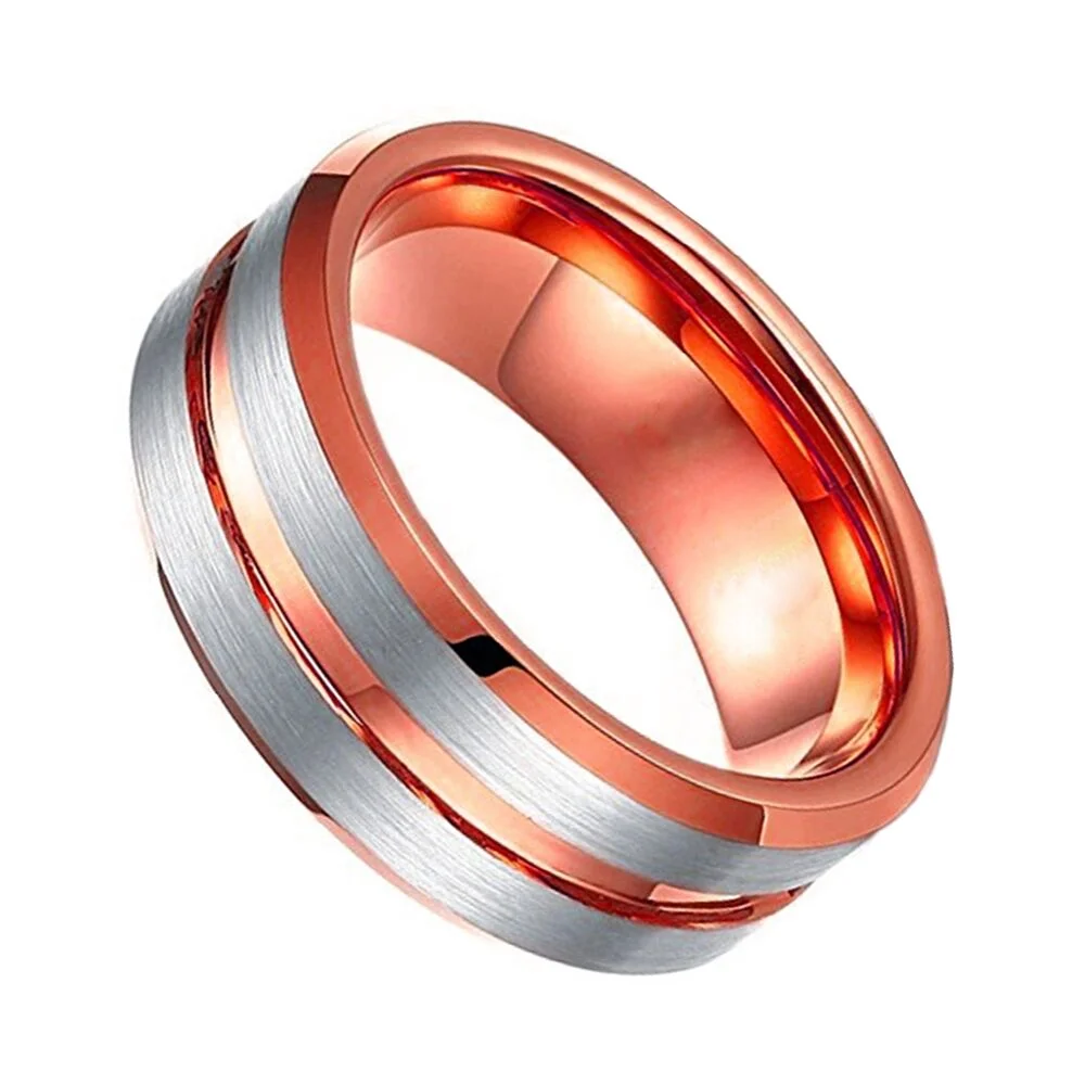 6MM 8MM Rose Gold Grooved Womens Tungsten Rings Silver Brushed Surface