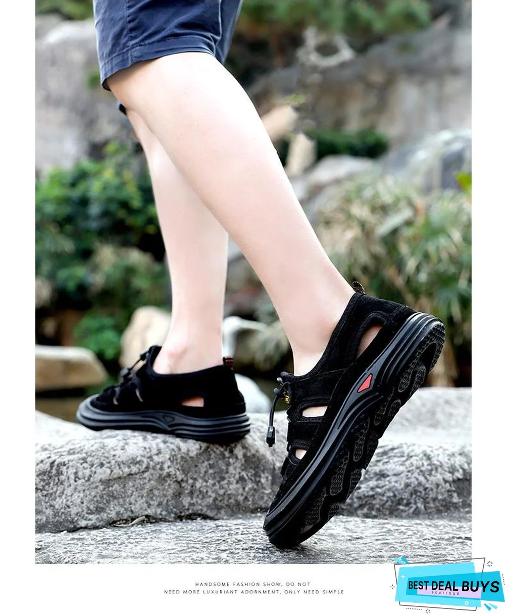 Men Leather Mesh Outdoor Sandals Summer Breathable Beach Shoes