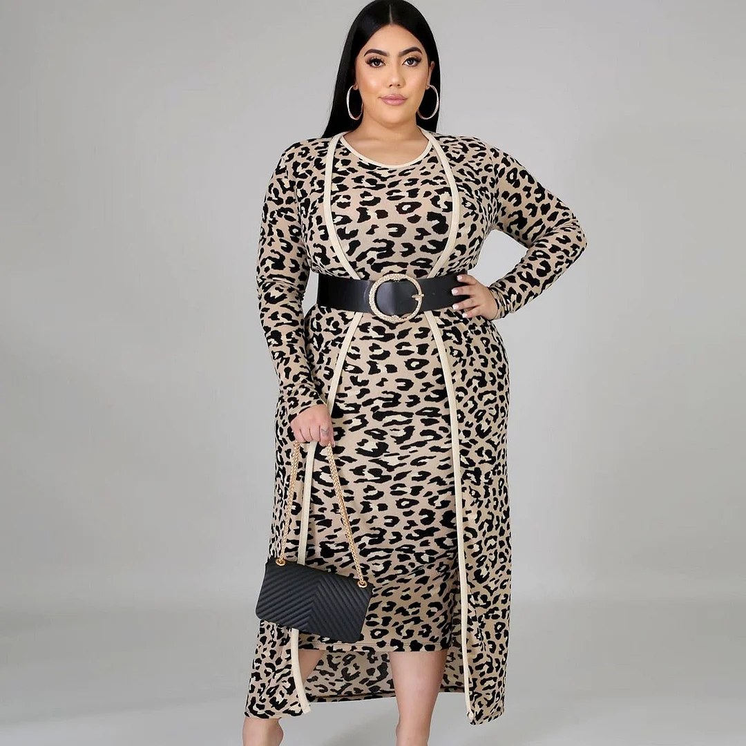CM.YAYA Plus Size XL-4XL Leopard Print Women's Set Long Sleeve Long Cloak Tops Bodycon Midi Dress Two Piece Matching Set Outfits