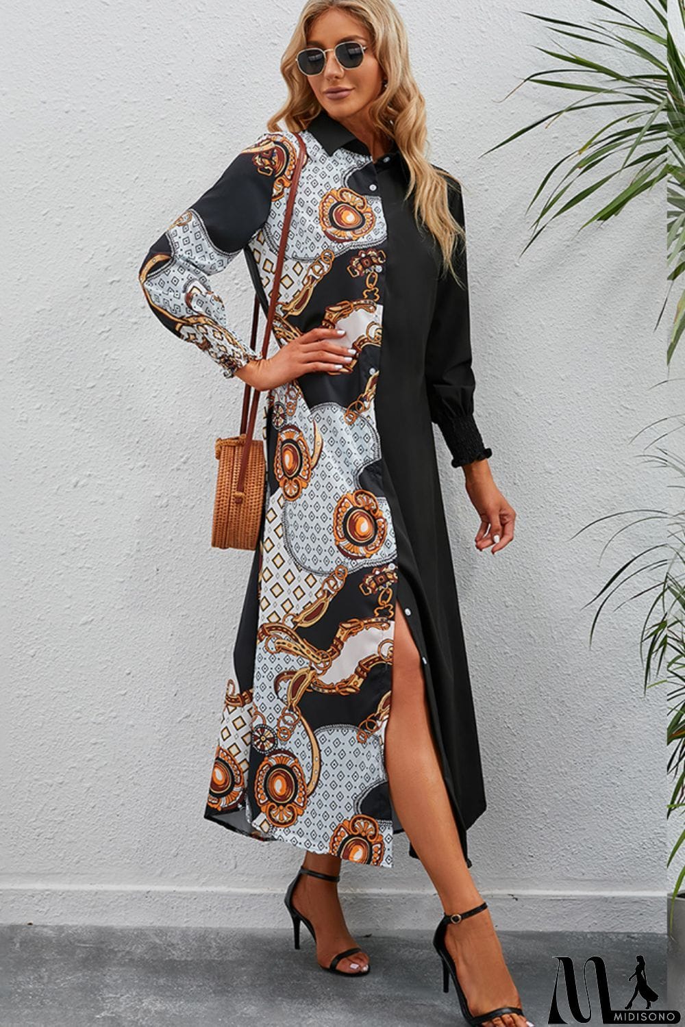 MidiSono - Printed Long Sleeve Collared Dress