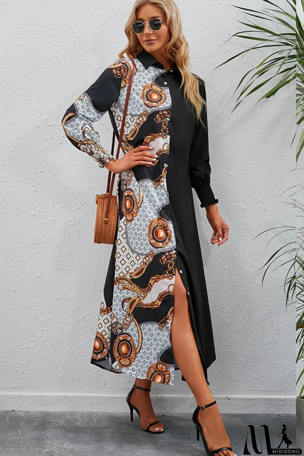 MidiSono - Printed Long Sleeve Collared Dress