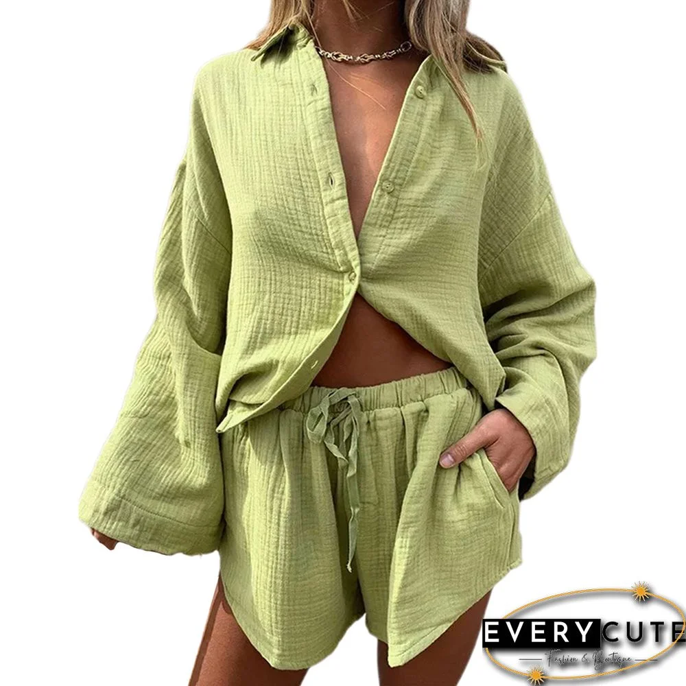 Light Green Button Loose Shirt with Shorts Set