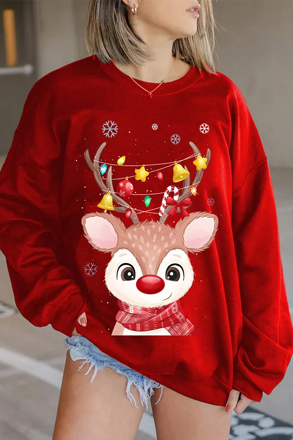 Christmas Cute Elk 3D Printing Long-sleeved Round Neck Sweater
