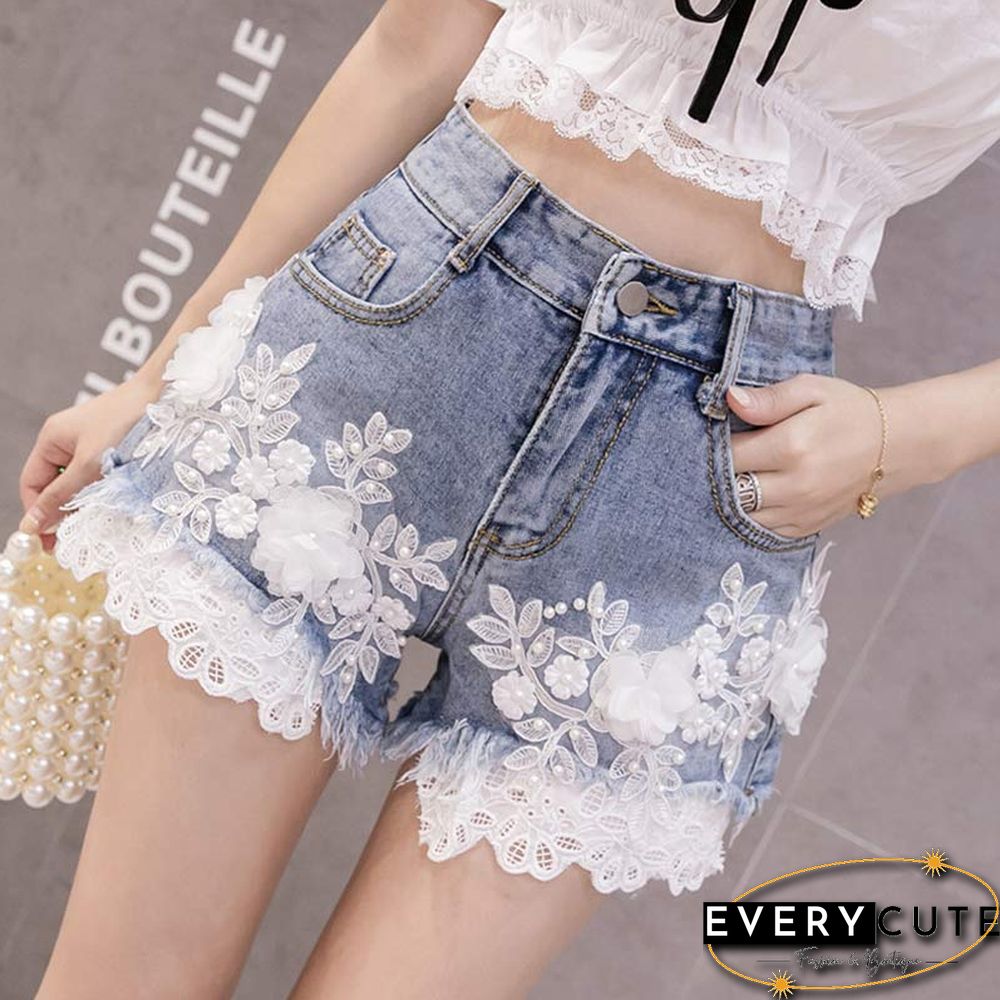 Blossom Embroidery Lace Denim Shorts