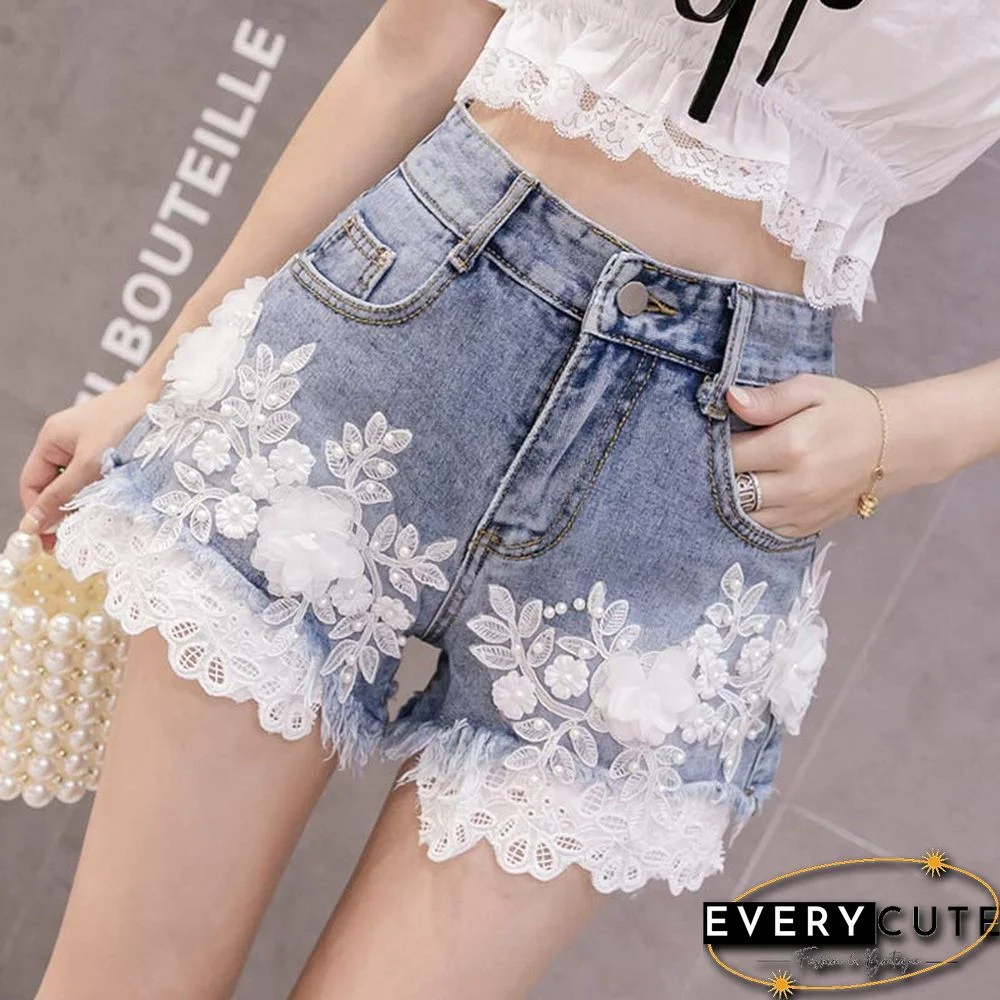 Blossom Embroidery Lace Denim Shorts