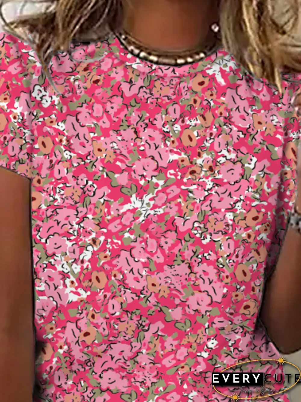 Plus size Floral Casual Crew Neck Short Sleeve T-Shirt