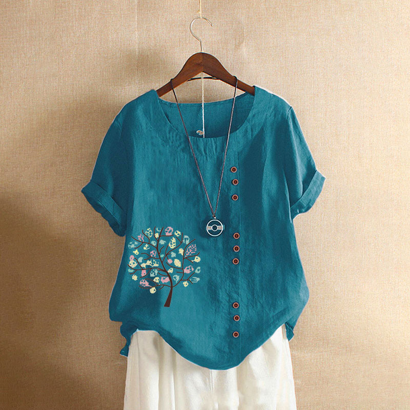 Northwnidgrp Round Neck Short Sleeved Pullover Shirt 2025 Women's Summer Retro Casual Loose Cotton Linen Pullover Large Blouses