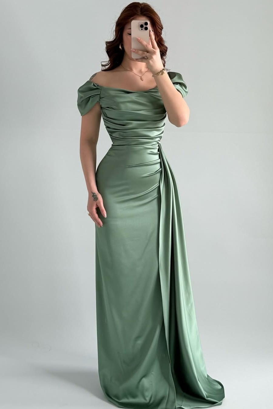 Satin Off-The-Shoulder Short Sleeves High-Waisted Long Sheath Prom Dress With Pleated | ZA0049 Wellcucu