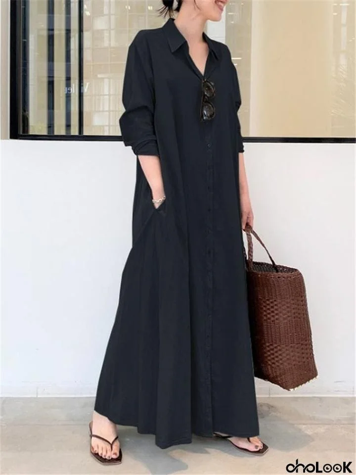 Minimalist Lapel Collar Long Sleeve Pocket Maxi Shirt Dress