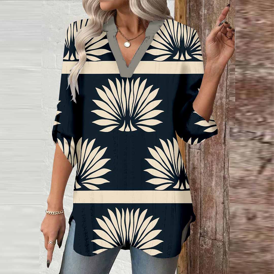 Women Tropical, Black, White DZGA0079 3/4 Sleeve V-neck Printed Graphic Button Tops