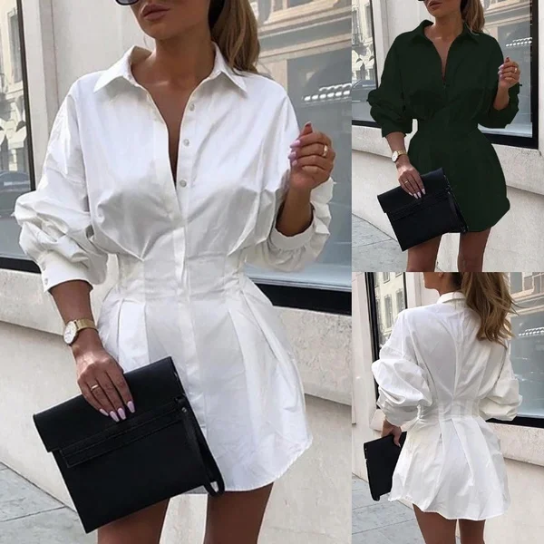 Women Solid Color Deep V Pleated Waist Shirt Dress Female Lantern Sleeve Sheath Mini Dress Women V neck Dress
