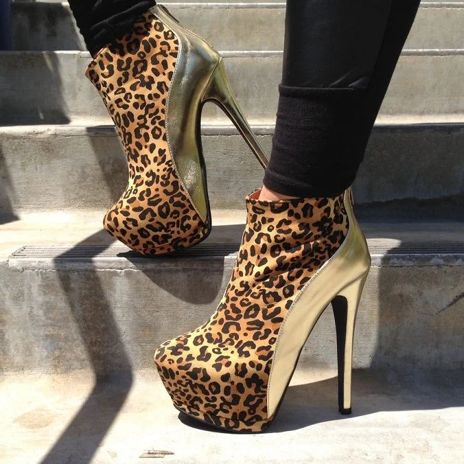 Gold & Brown Leopard Print Platform Booties Stiletto Heel Ankle Boots |FSJ Shoes