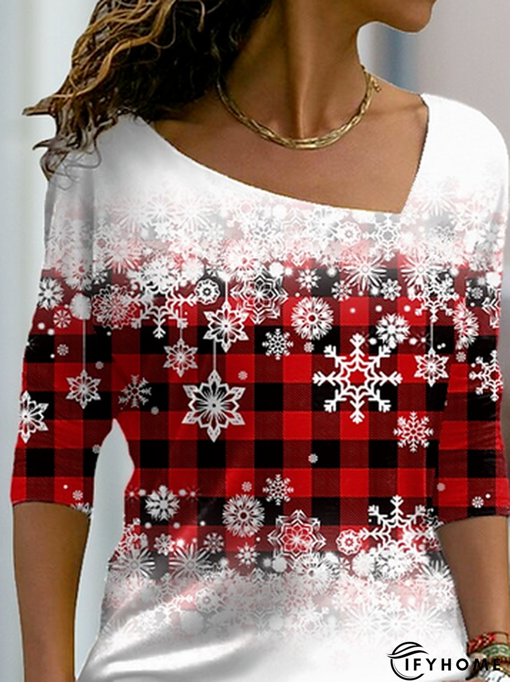 Christmas Snowflake Red Checked/Plaid V Neck T-shirt | IFYHOME