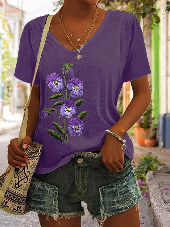 Women's Purple Flower Alzheimer's Awareness Support Print Casual V-Neck Tee socialshop